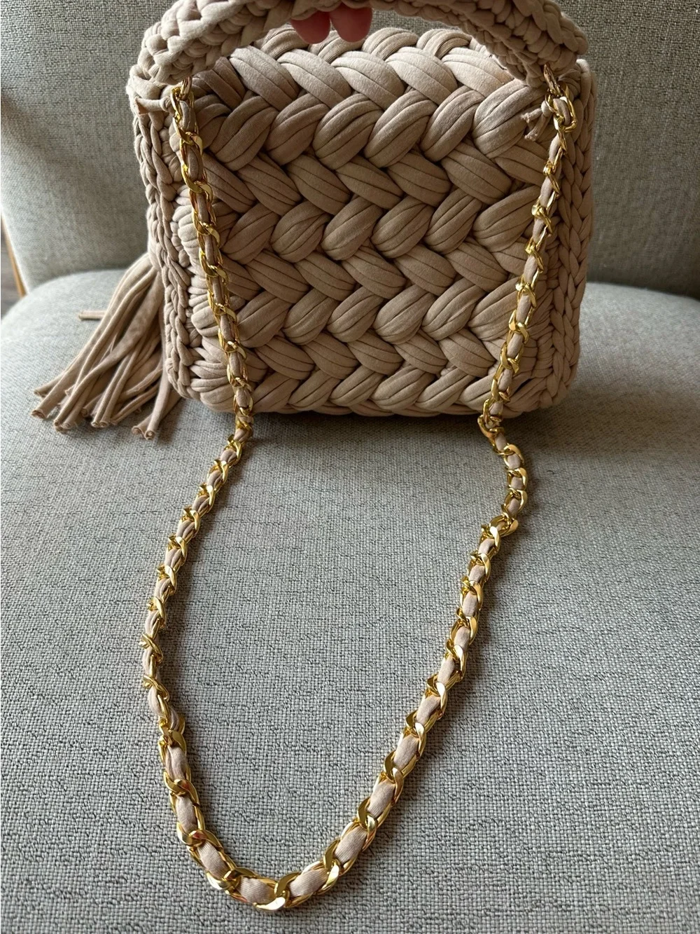 Handwoven Tan Fabric Crossbody Bag with Top Handle and Gold Chain Gold Accents